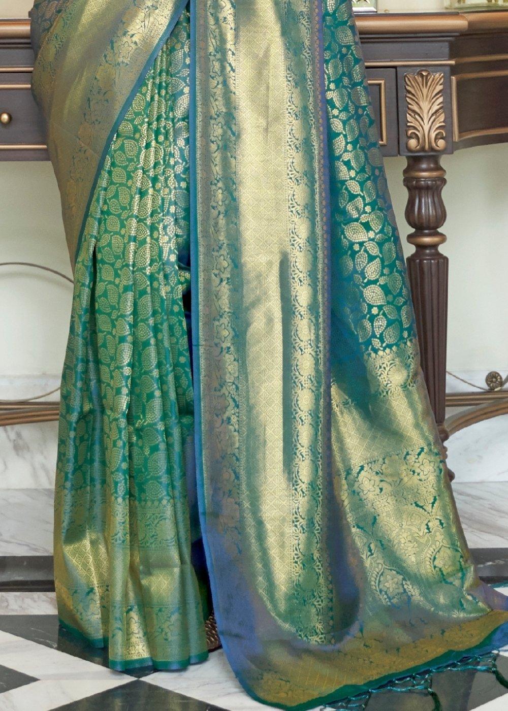 Castleton Green Zari Woven Kanjivaram Silk Saree with Tassels on Pallu | Stitched Blouse - qivii