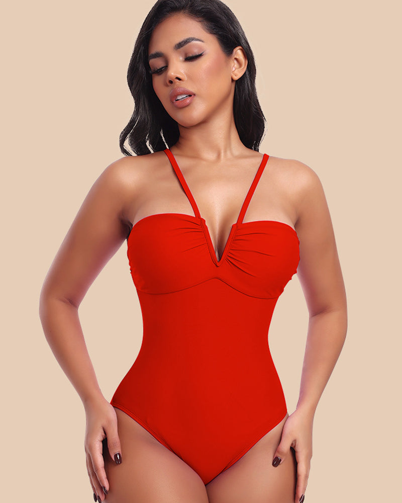 Sexy Strappy Triangle V-shaped Halter Neck One-piece Body Shaping Swimsuit  - By Qivii