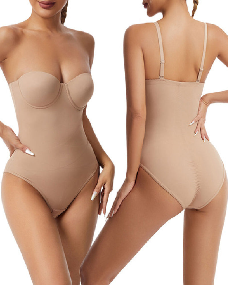 Women's Strapless Built-in Bra X Cross Tummy Control Bodysuit  - By Qivii