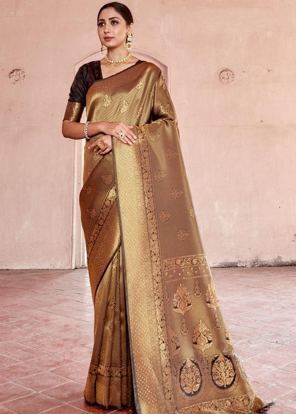 Cedar Brown Handloom Weave Kanjivaram Silk Saree with Swaroski work | Stitched Blouse - qivii