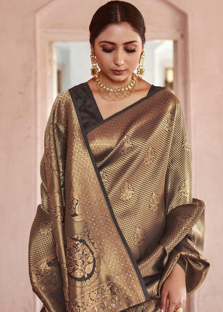 Cedar Brown Handloom Weave Kanjivaram Silk Saree with Swaroski work | Stitched Blouse - qivii