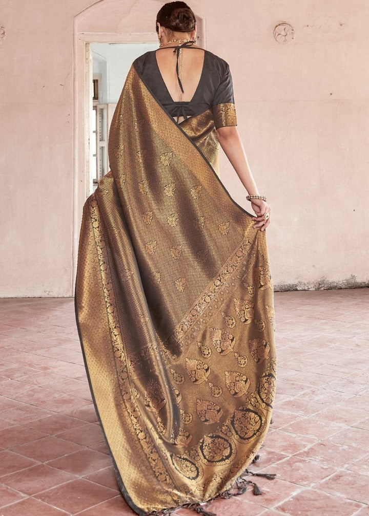 Cedar Brown Handloom Weave Kanjivaram Silk Saree with Swaroski work | Stitched Blouse - qivii