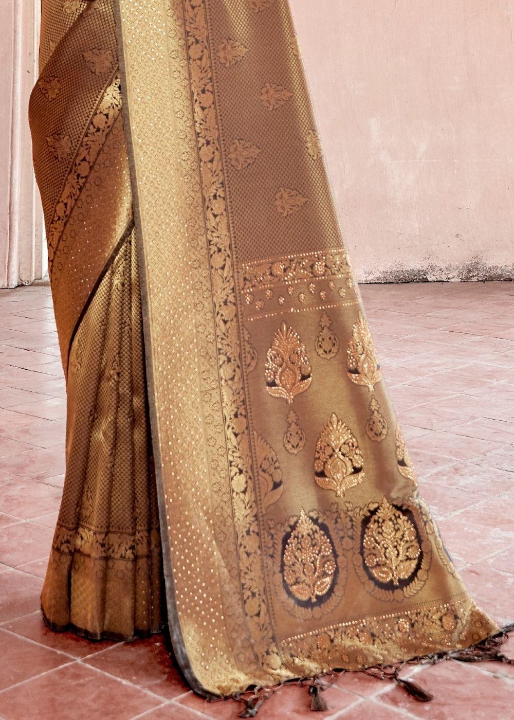 Cedar Brown Handloom Weave Kanjivaram Silk Saree with Swaroski work | Stitched Blouse - qivii