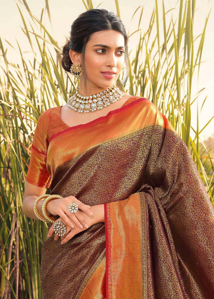 Cedar Brown Woven Kanjivaram Silk Saree With Contrast Border & Pallu | Stitched Blouse - qivii