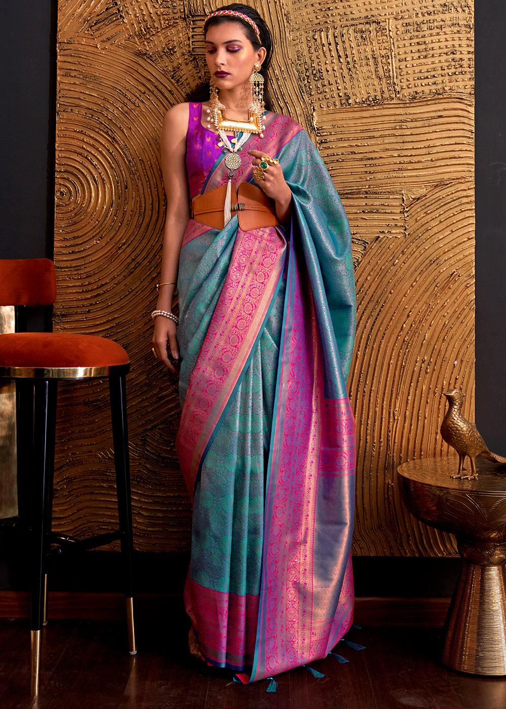 Celadon Blue Handloom Woven Designer Silk Saree - qivii