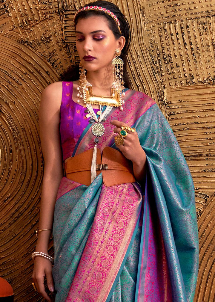 Celadon Blue Handloom Woven Designer Silk Saree - qivii