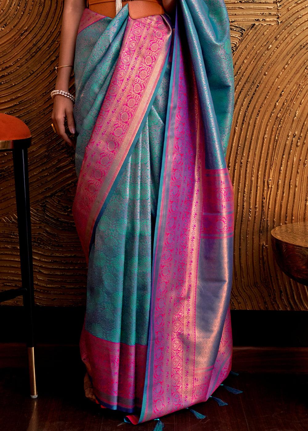 Celadon Blue Handloom Woven Designer Silk Saree - qivii