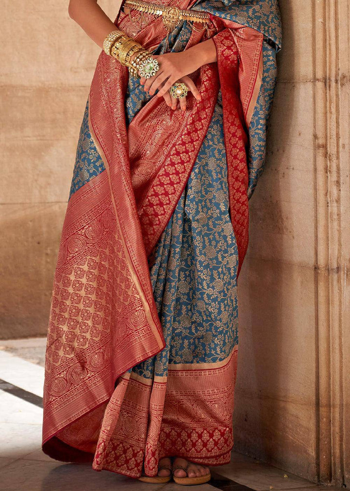 Celadon Blue Zari Woven Banarasi Silk Saree | Stitched Blouse - qivii