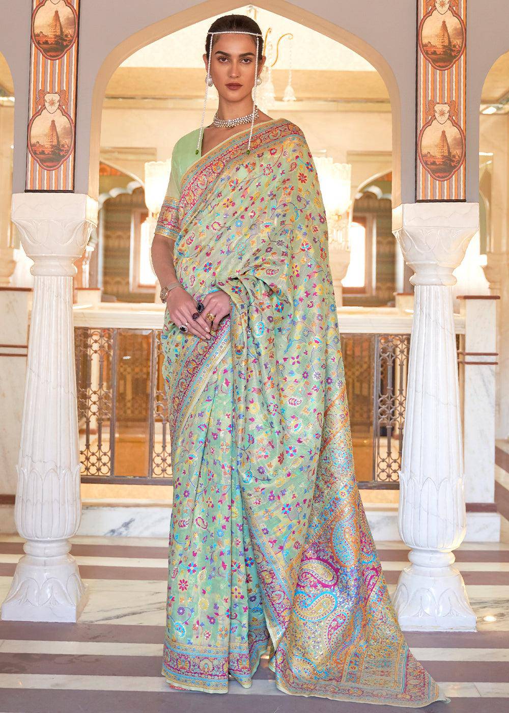 Celadon Green Banarasi Jamawar Woven Silk Saree | Stitched Blouse - qivii