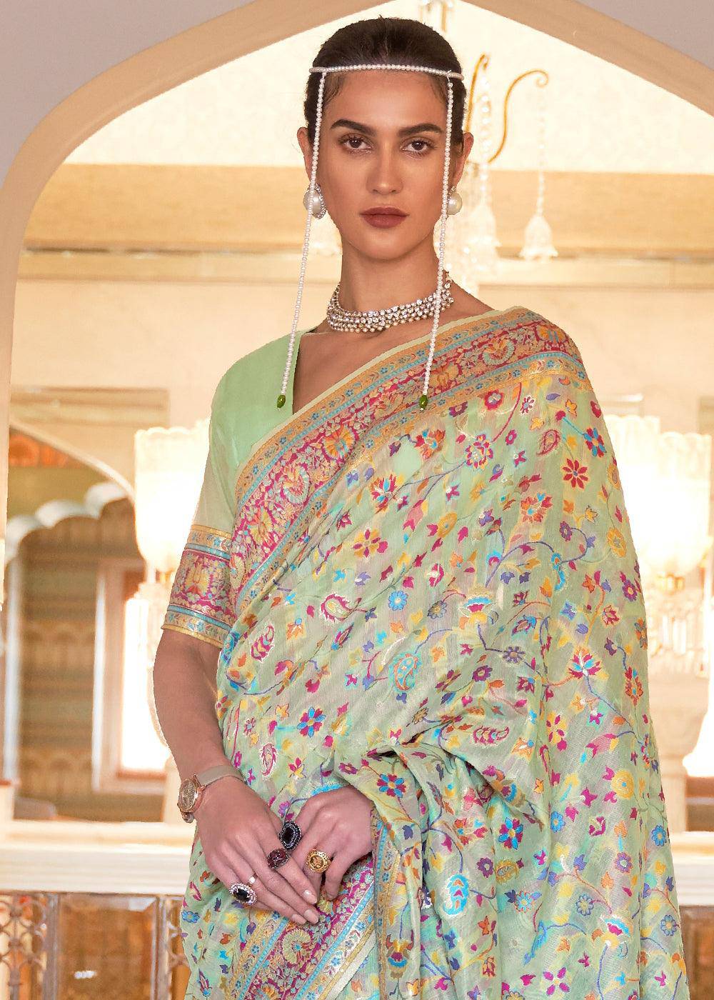 Celadon Green Banarasi Jamawar Woven Silk Saree | Stitched Blouse - qivii