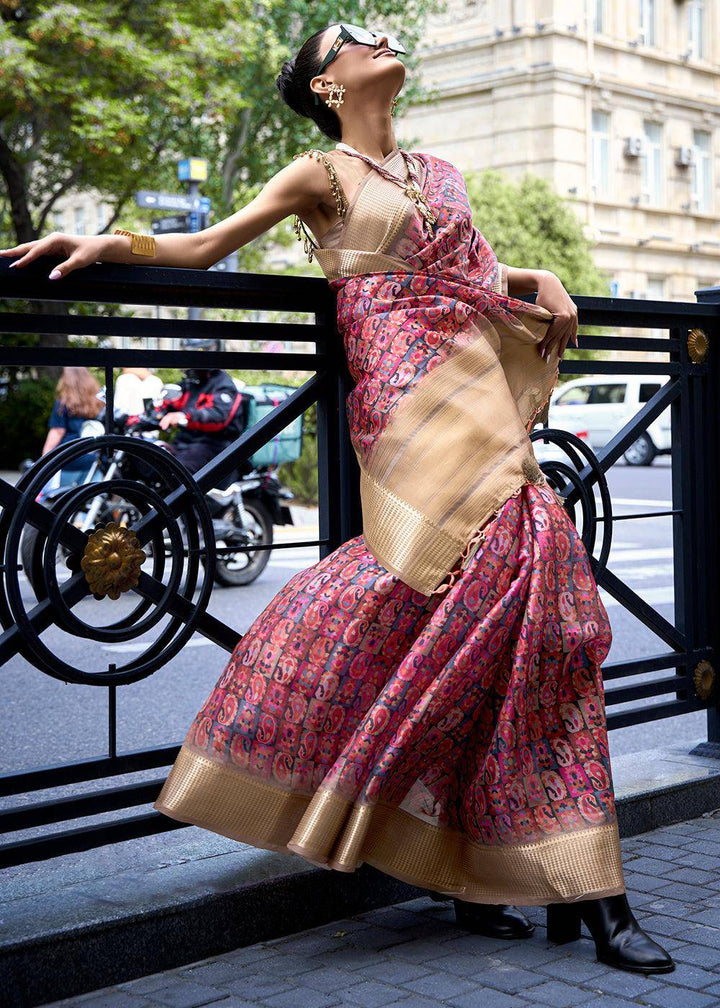 Cerise Pink Floral Printed Satin Organza Saree | Stitched Blouse - qivii