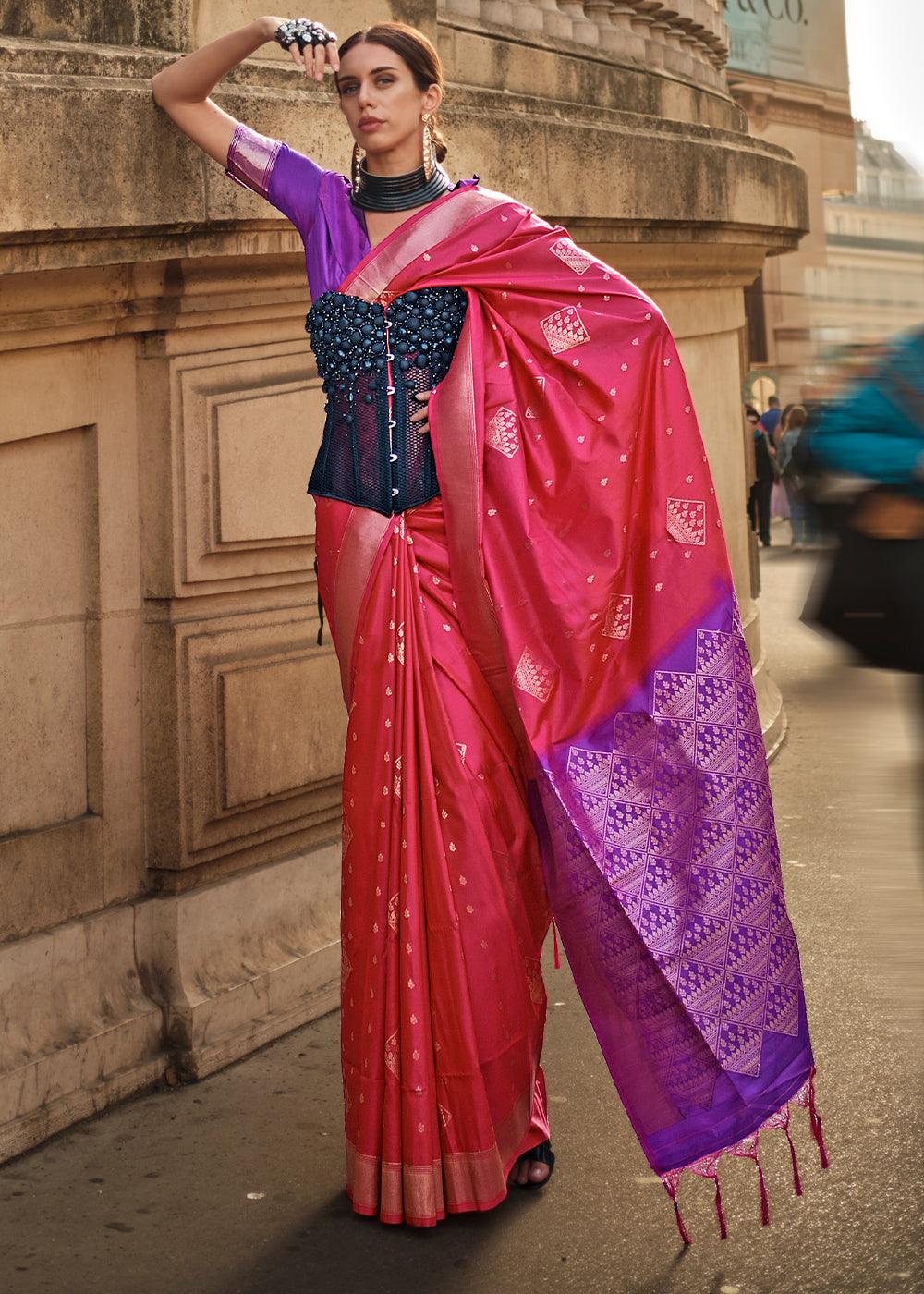 Cerise Pink Handloom Woven Soft Silk Saree - qivii