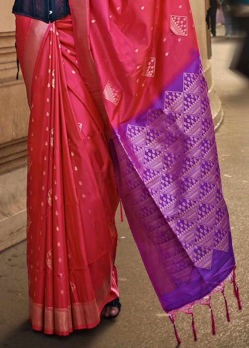 Cerise Pink Handloom Woven Soft Silk Saree - qivii