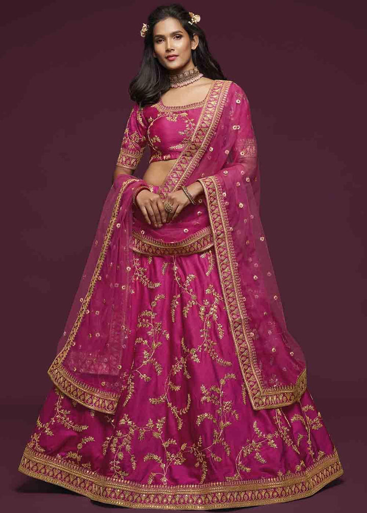 Cerise Pink Silk Lehenga Choli with Thread,Zari,Dori & Sequins work - qivii