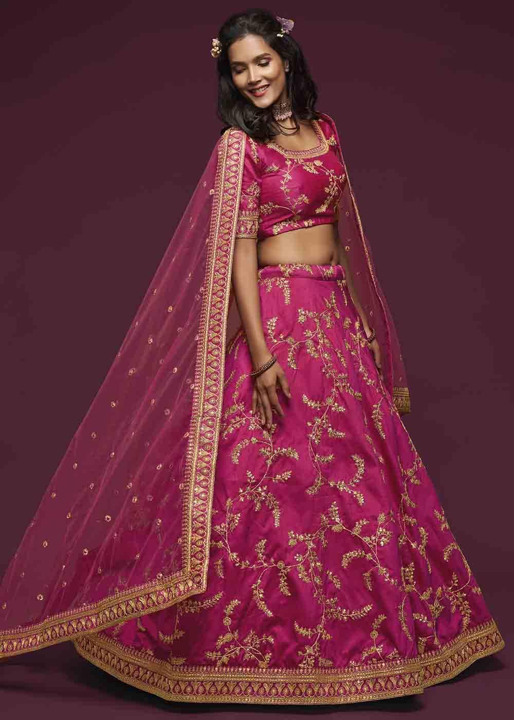 Cerise Pink Silk Lehenga Choli with Thread,Zari,Dori & Sequins work - qivii