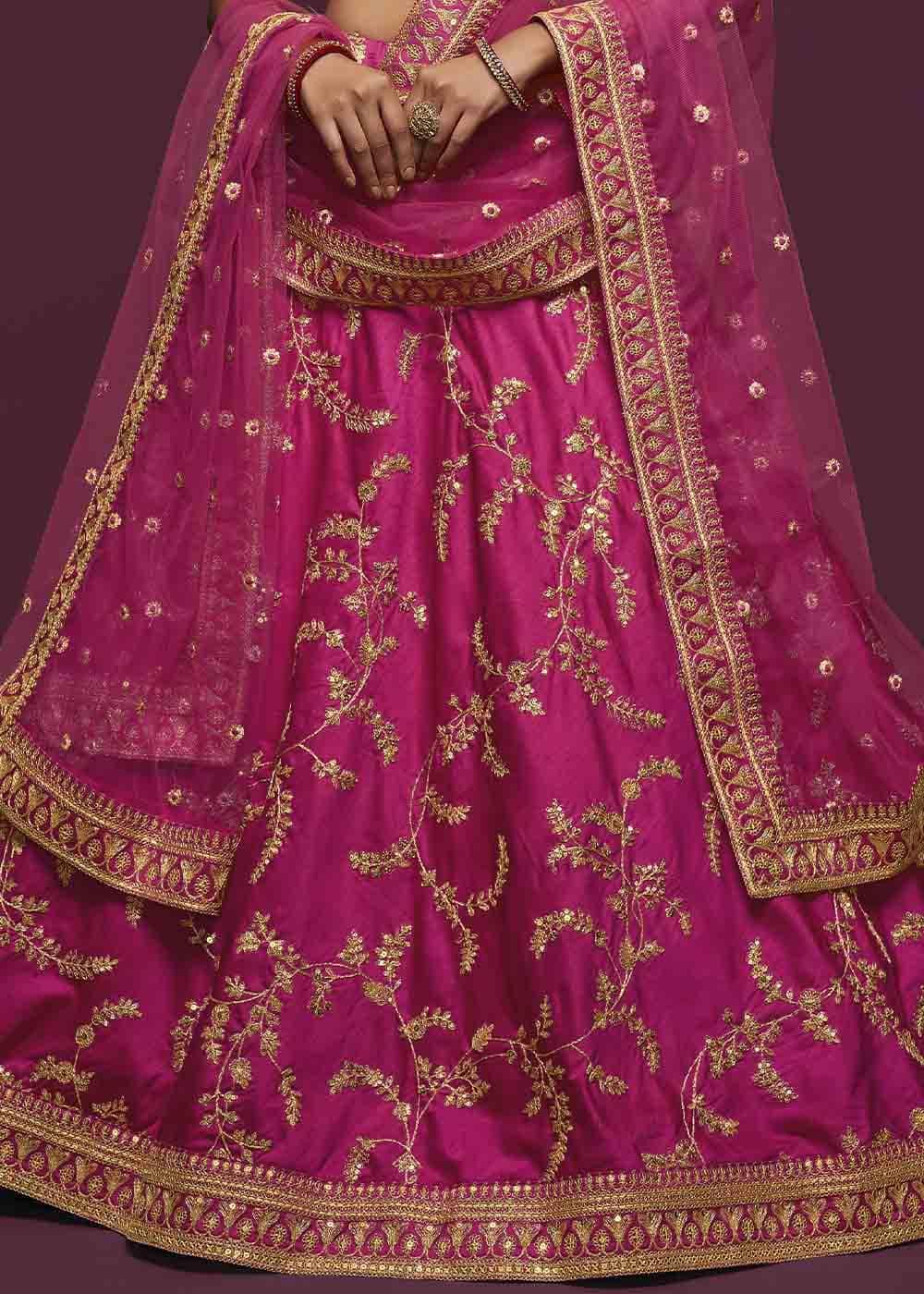 Cerise Pink Silk Lehenga Choli with Thread,Zari,Dori & Sequins work - qivii