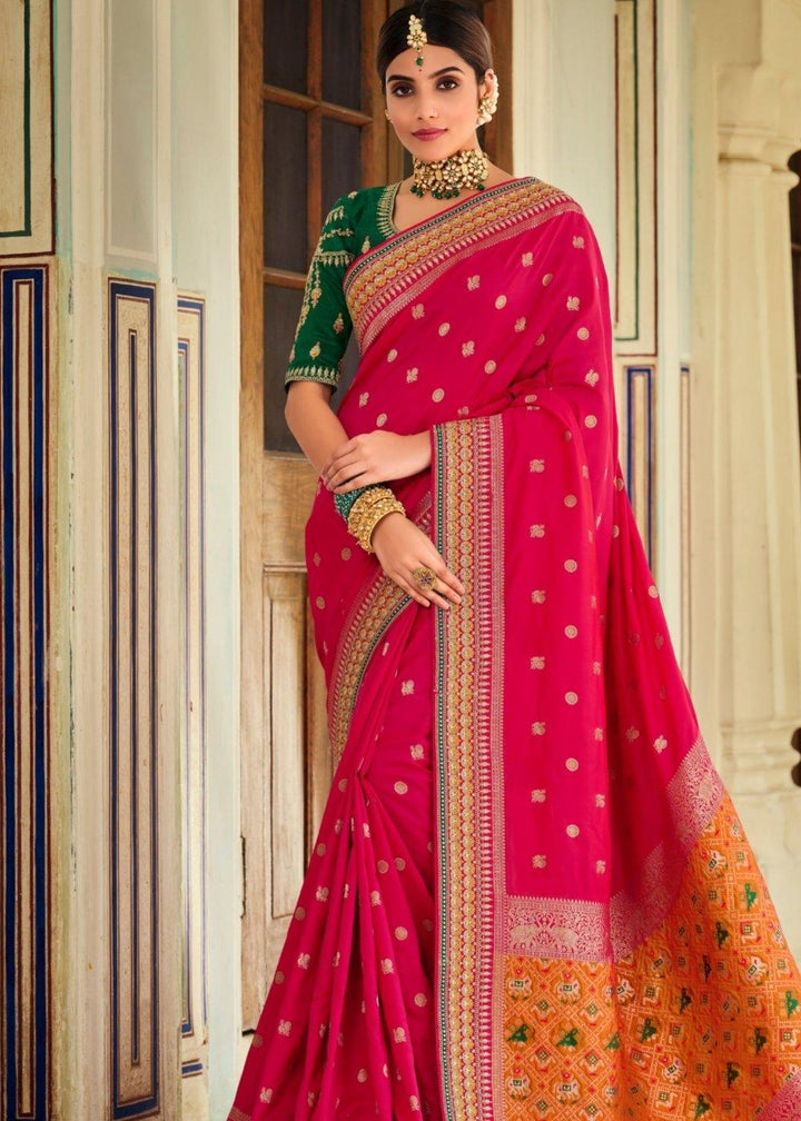 Cerise Pink Woven Banarasi Silk Saree with Embroidered Blouse | Stitched Blouse - qivii