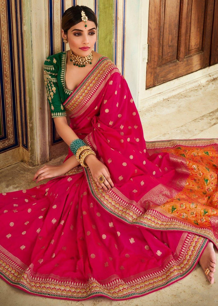 Cerise Pink Woven Banarasi Silk Saree with Embroidered Blouse | Stitched Blouse - qivii