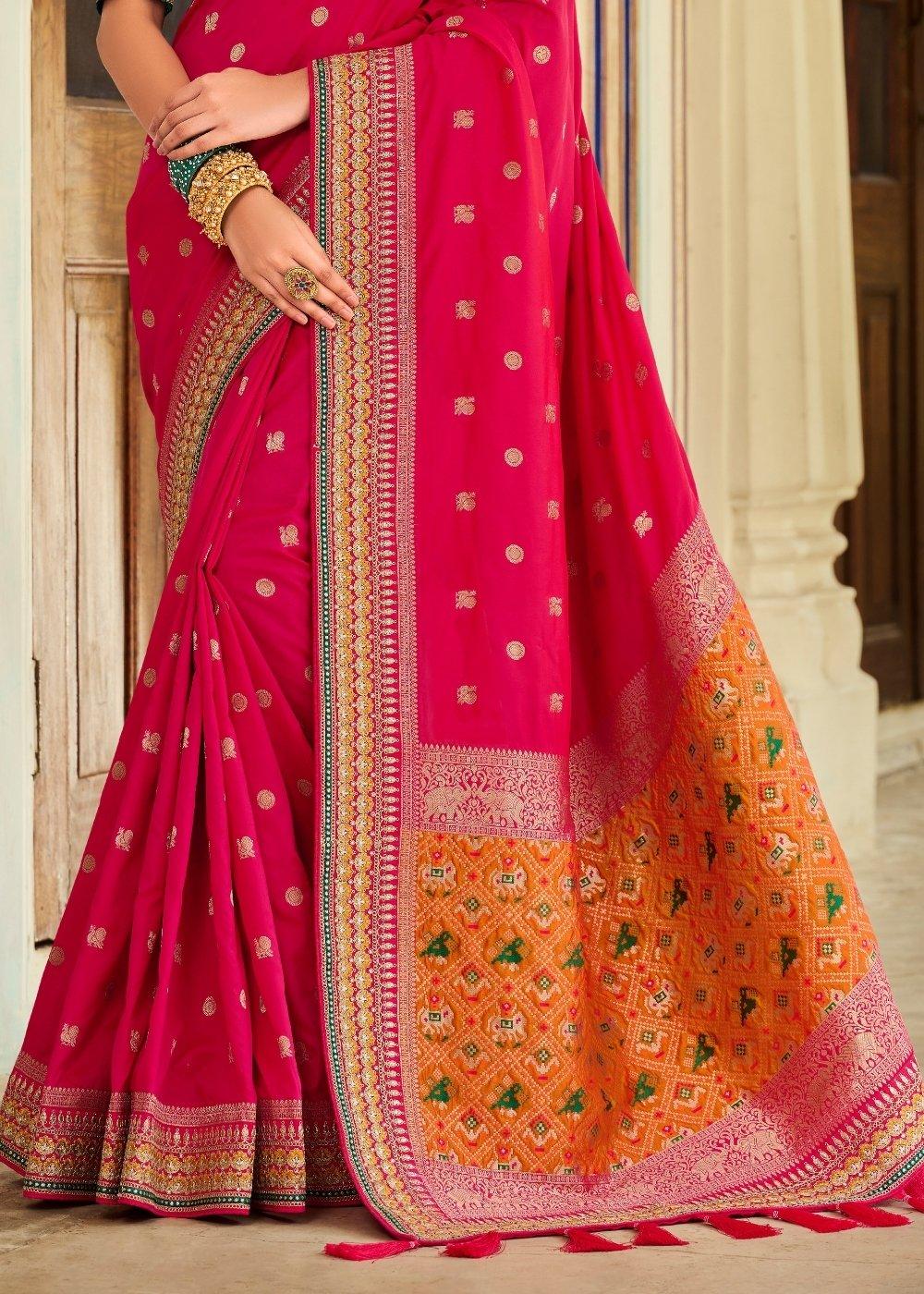 Cerise Pink Woven Banarasi Silk Saree with Embroidered Blouse | Stitched Blouse - qivii