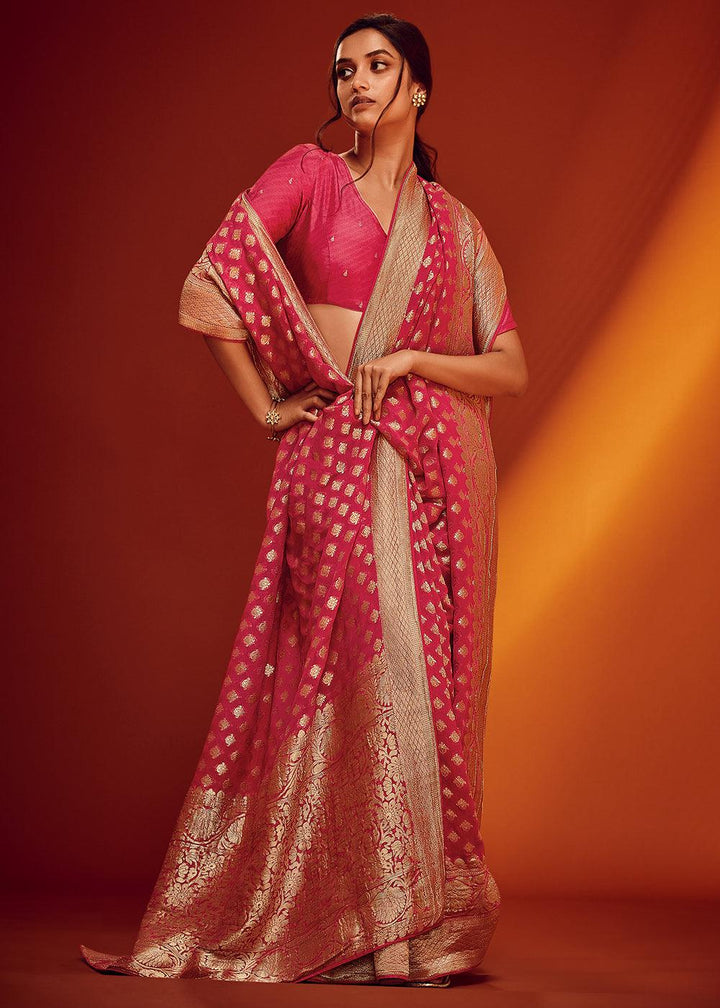 Cerise Pink Woven Viscose Georgette Saree - qivii