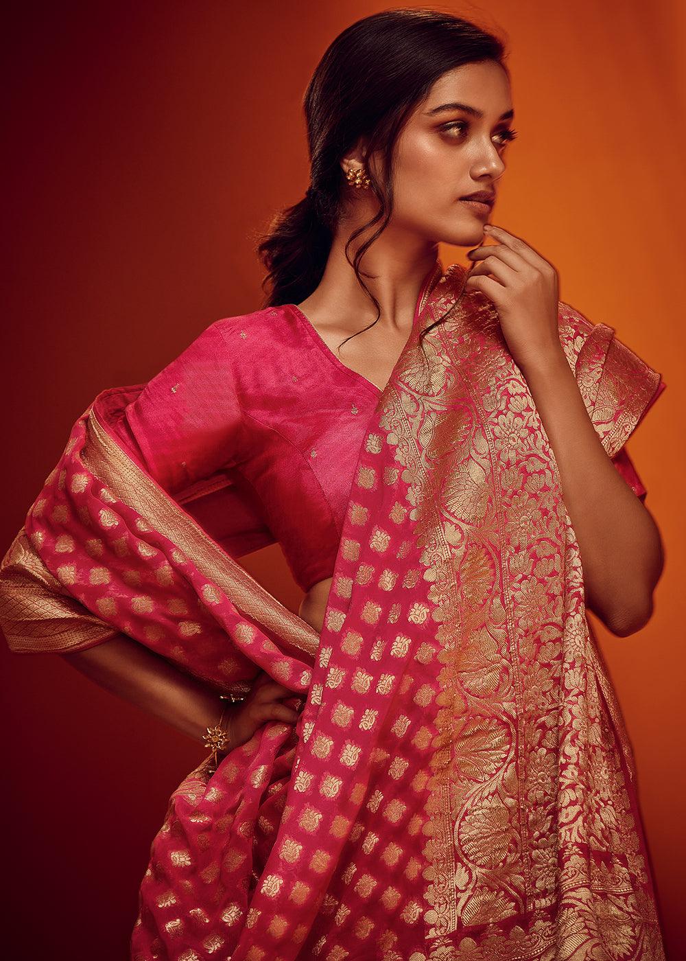 Cerise Pink Woven Viscose Georgette Saree - qivii