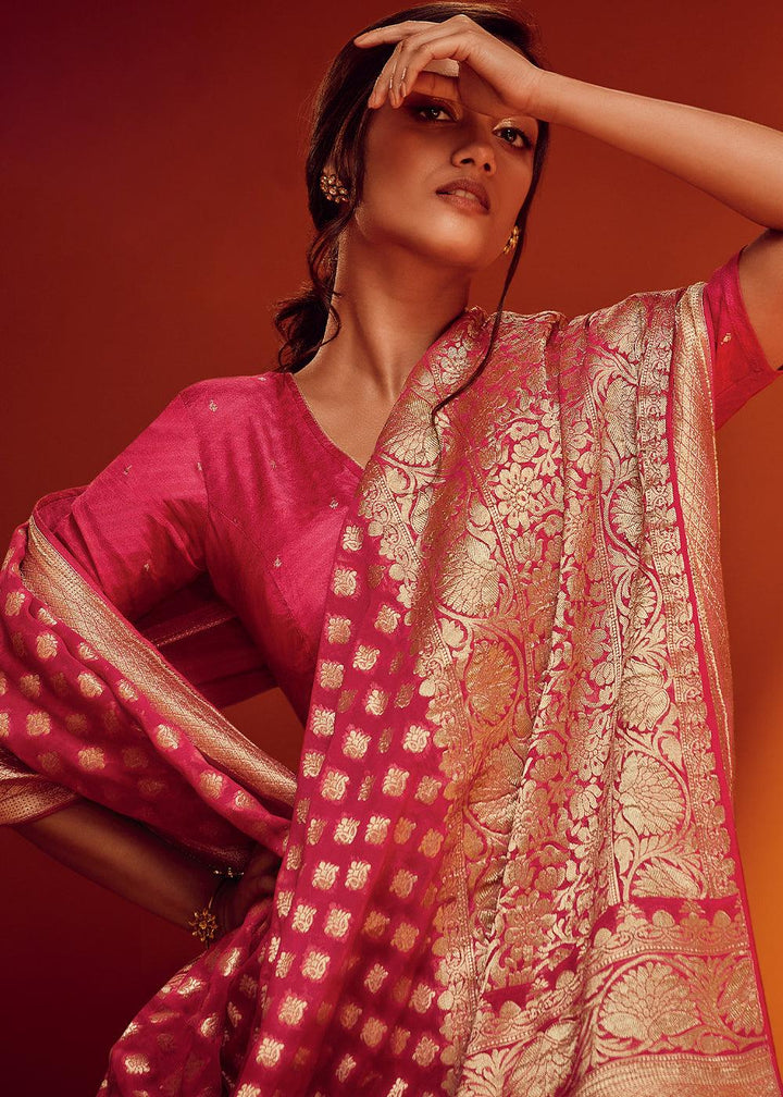 Cerise Pink Woven Viscose Georgette Saree - qivii