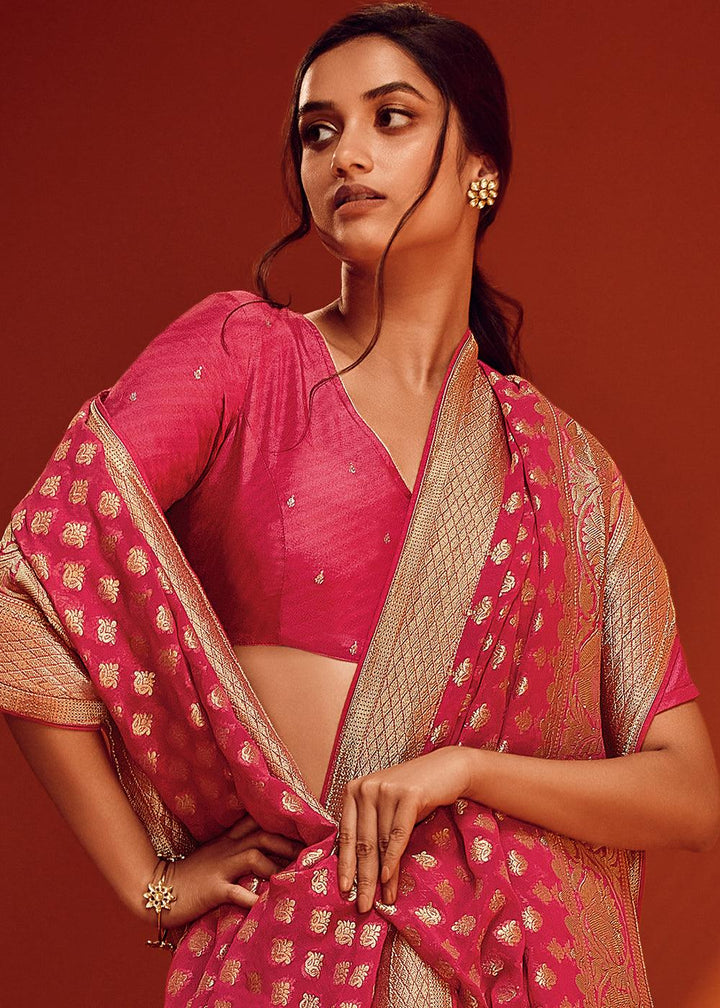 Cerise Pink Woven Viscose Georgette Saree - qivii