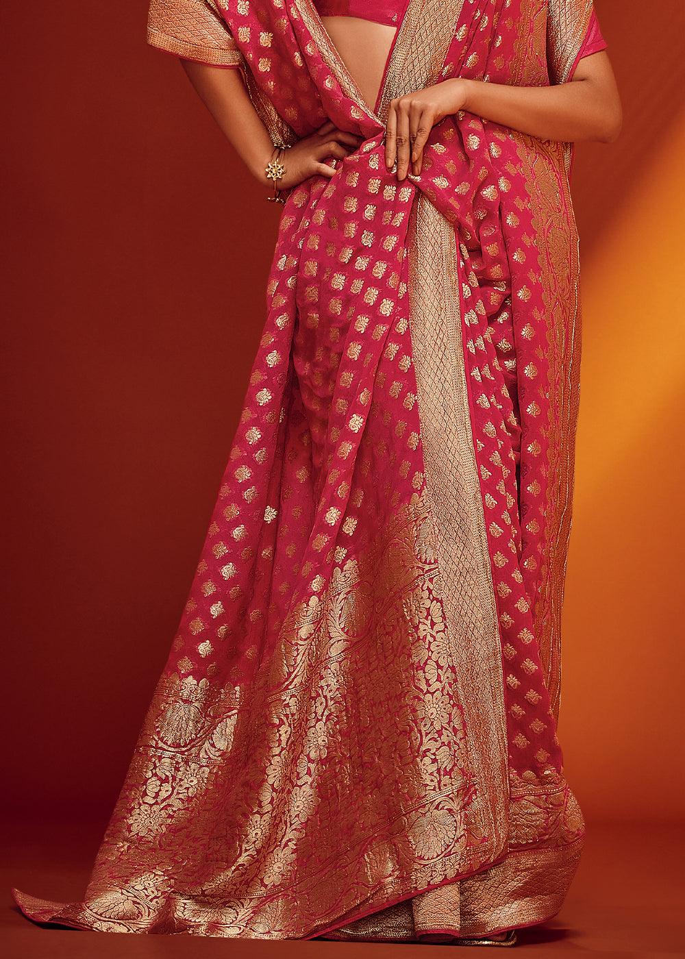 Cerise Pink Woven Viscose Georgette Saree - qivii