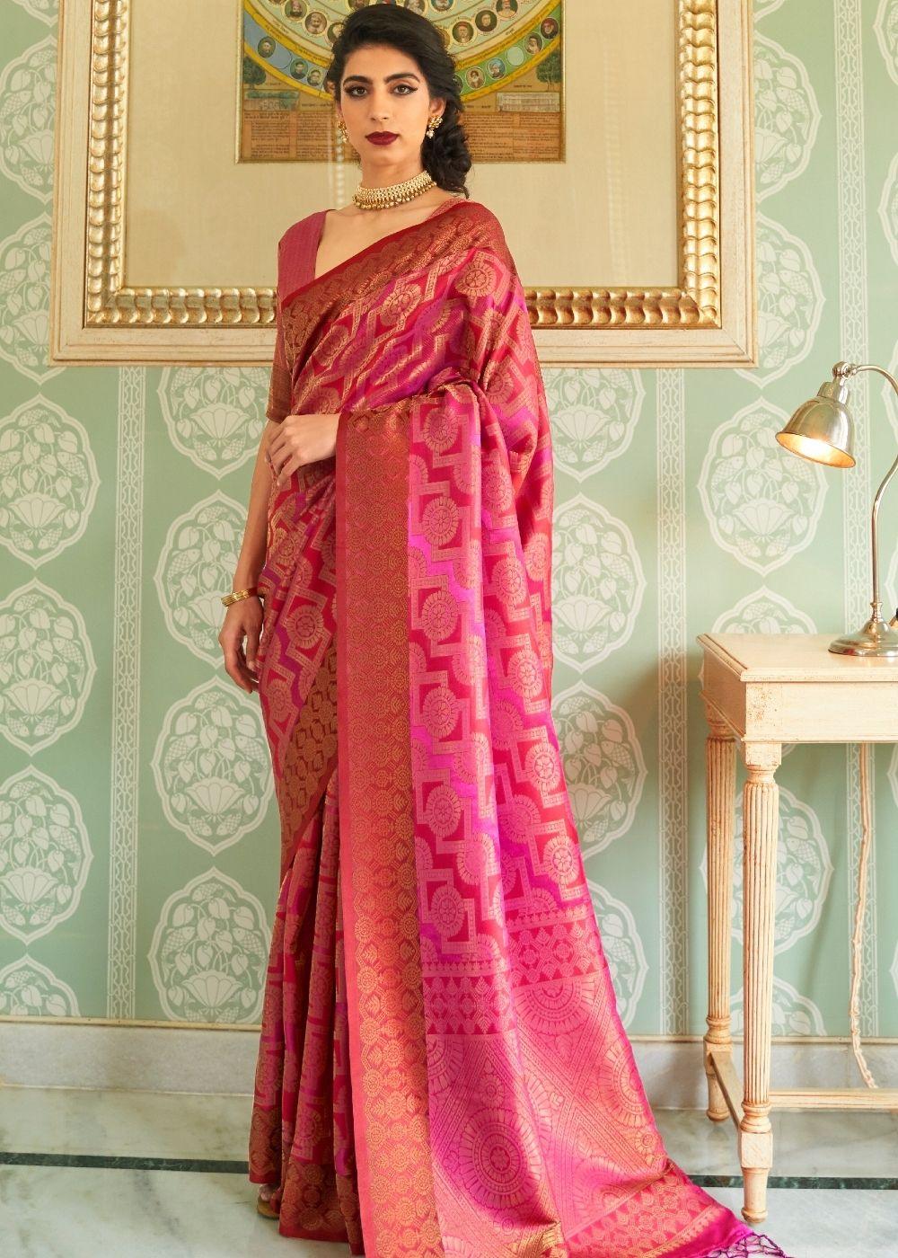 Cerise Pink Zari Woven Handloom Silk Saree | Stitched Blouse - qivii