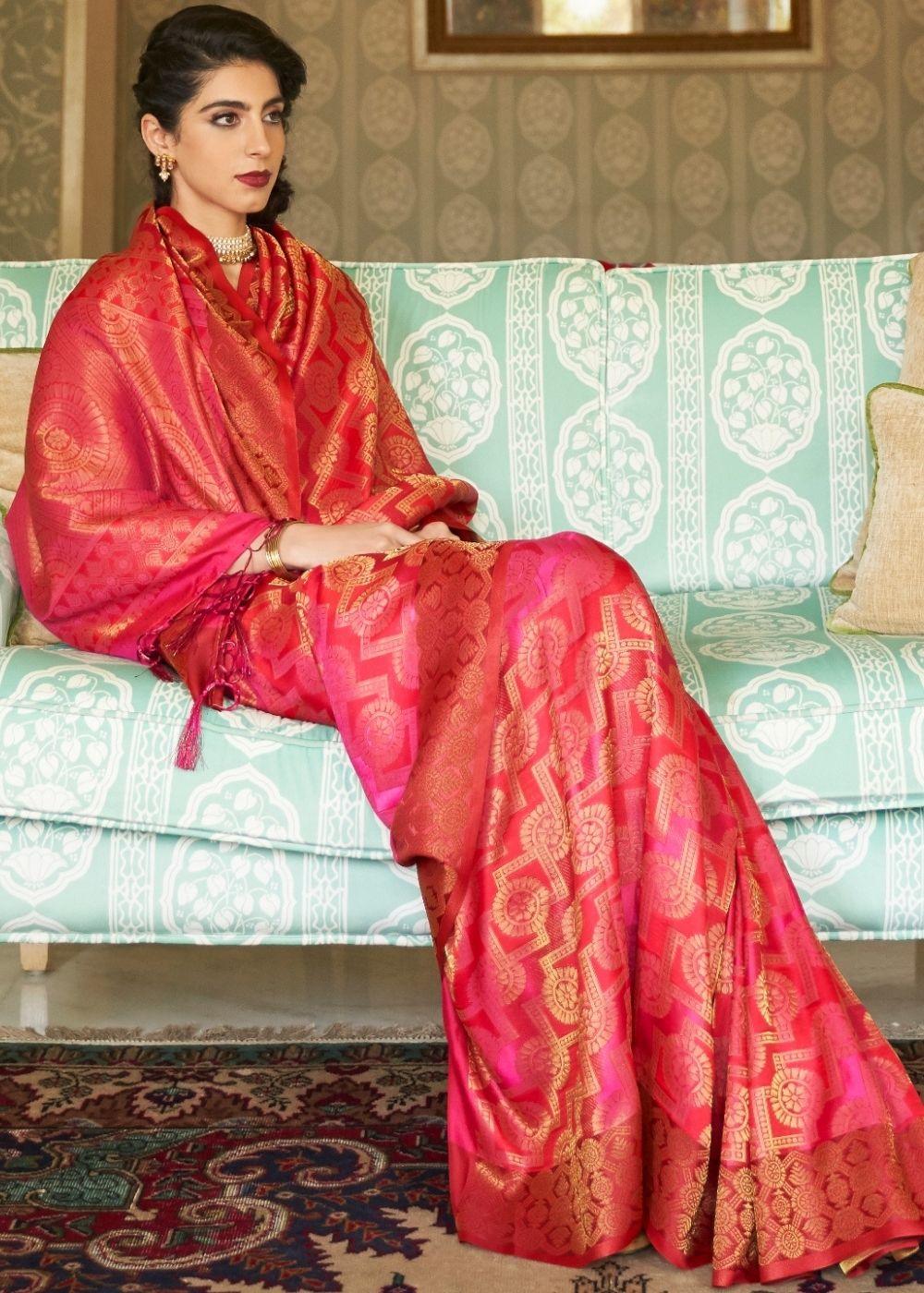 Cerise Pink Zari Woven Handloom Silk Saree | Stitched Blouse - qivii