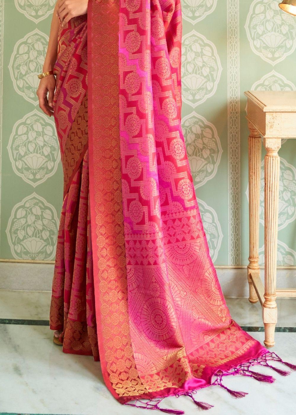 Cerise Pink Zari Woven Handloom Silk Saree | Stitched Blouse - qivii