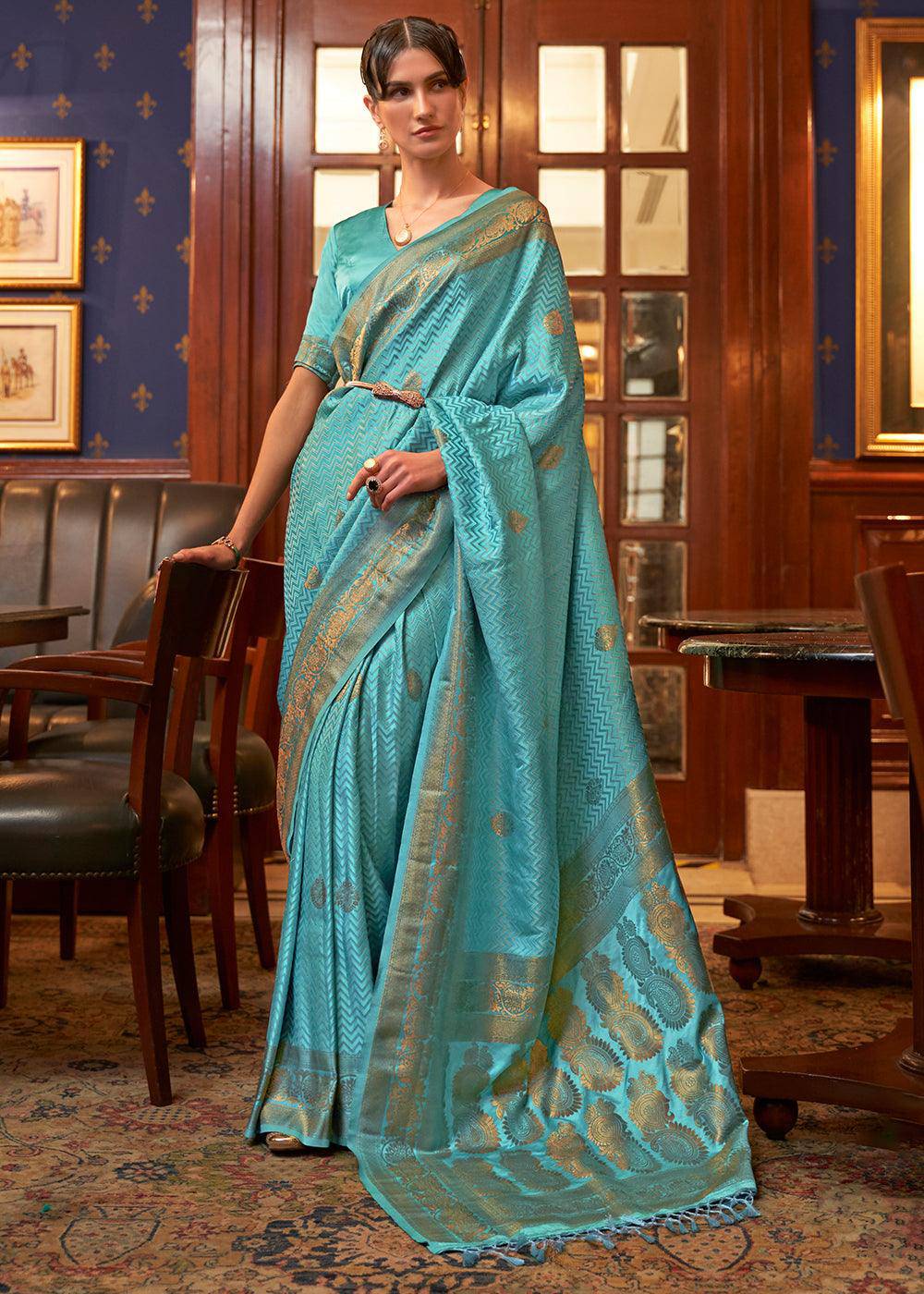 Cerulean Blue Designer Satin Silk Saree | Stitched Blouse - qivii