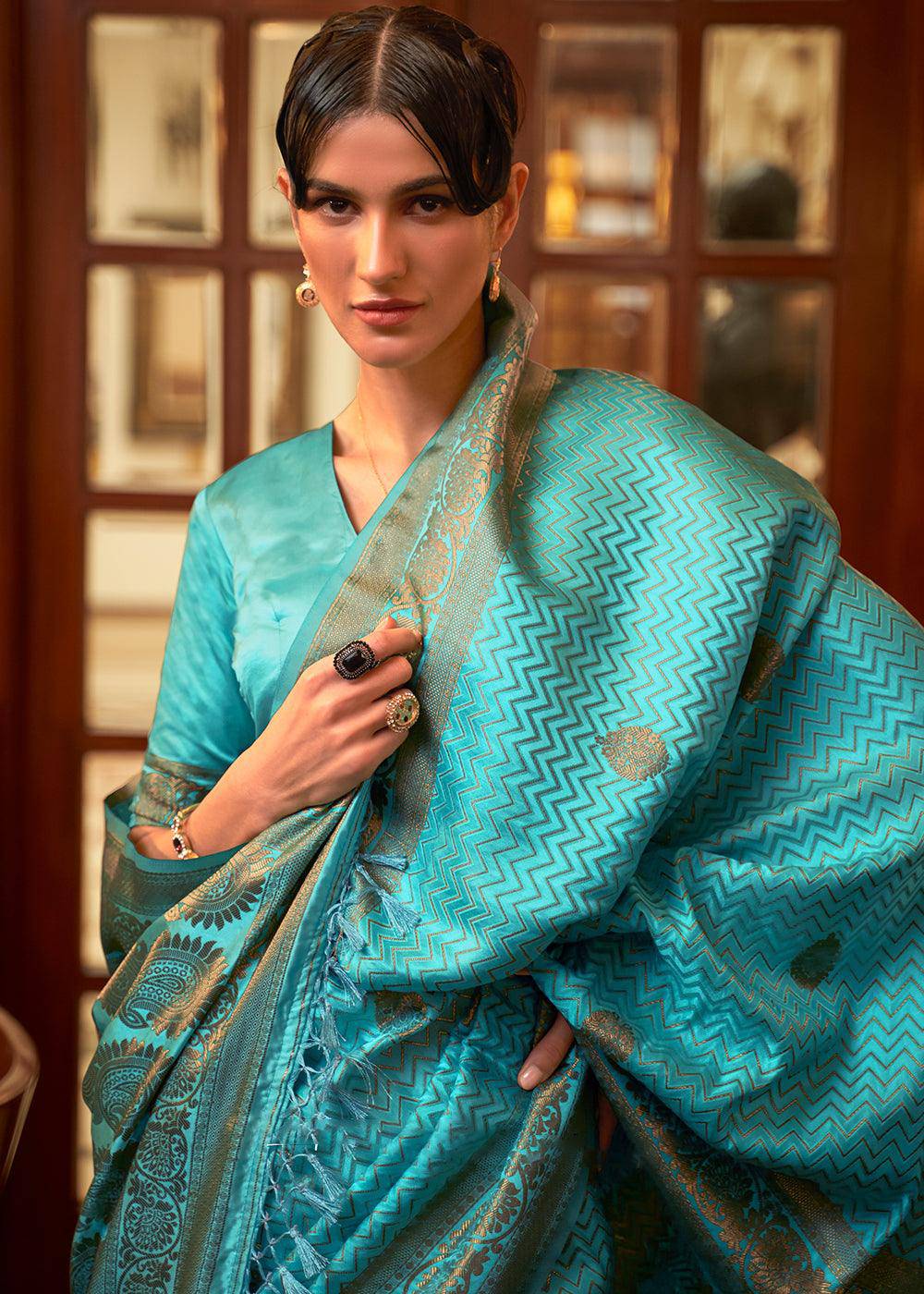 Cerulean Blue Designer Satin Silk Saree | Stitched Blouse - qivii