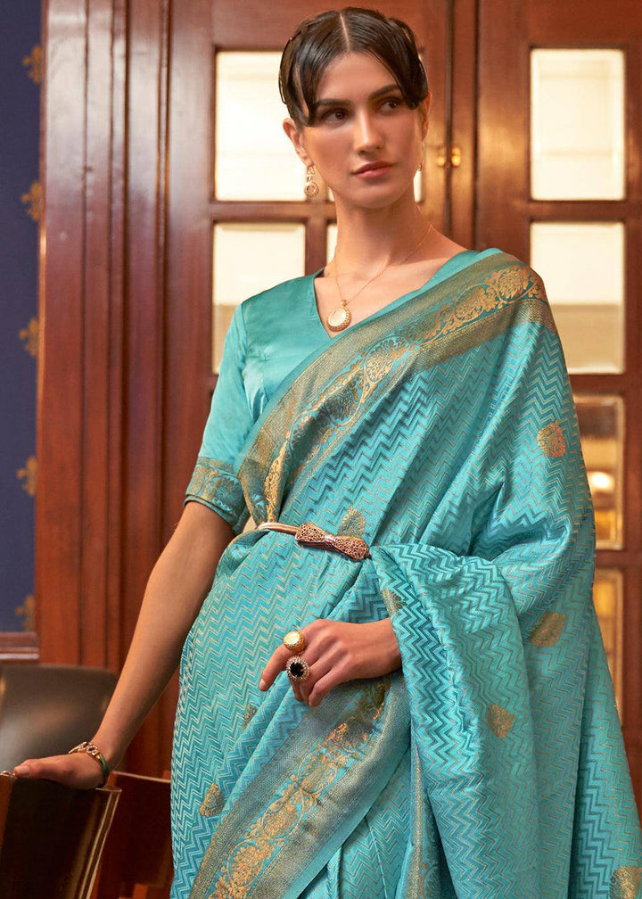 Cerulean Blue Designer Satin Silk Saree | Stitched Blouse - qivii