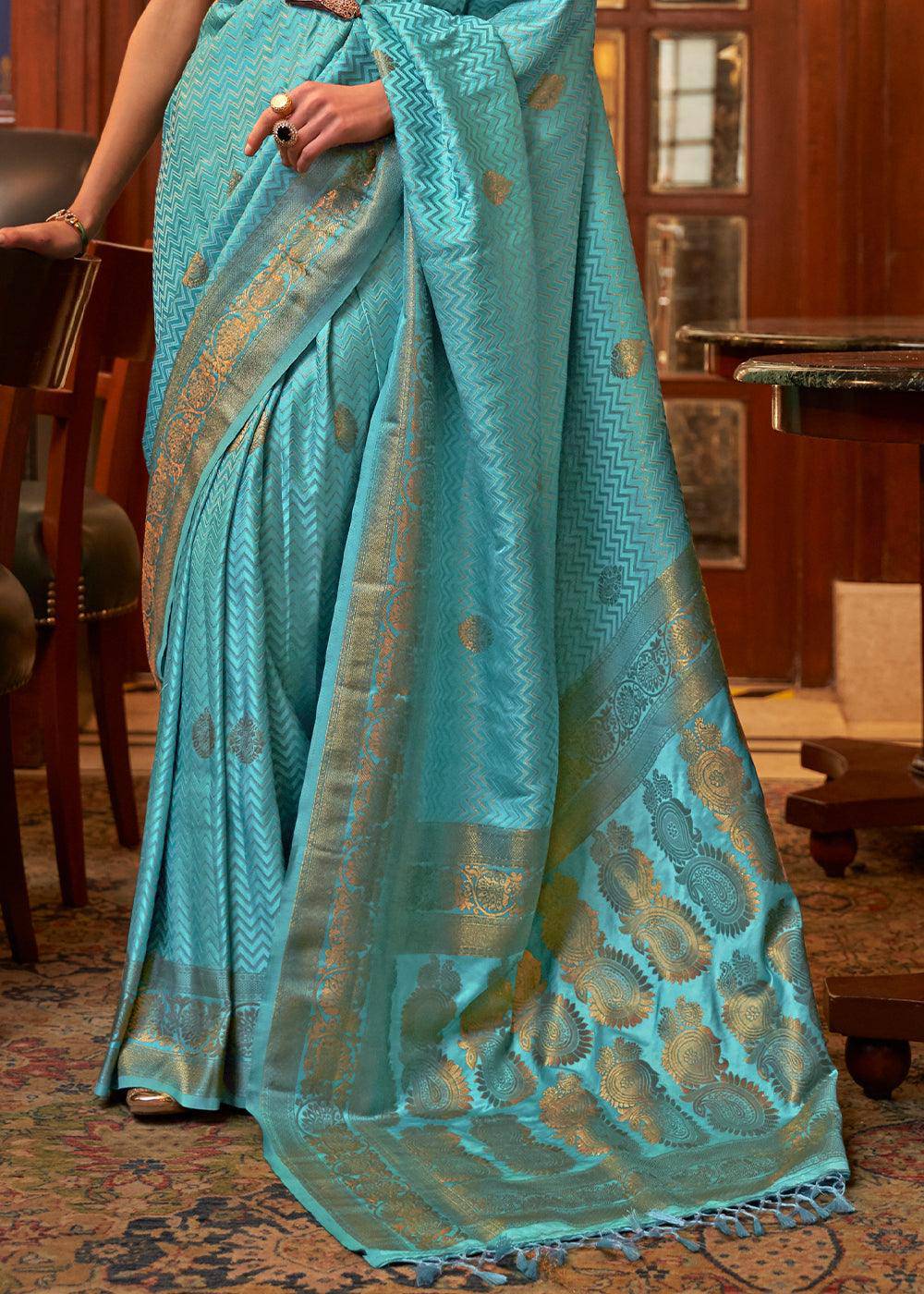 Cerulean Blue Designer Satin Silk Saree | Stitched Blouse - qivii