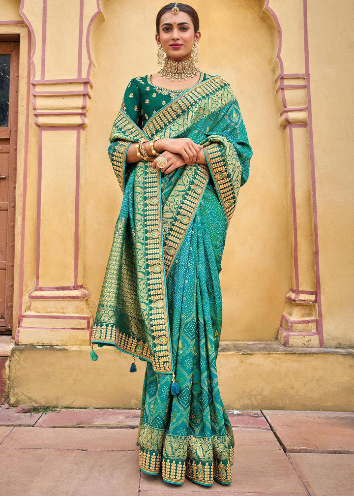 Cerulean Blue Dola Silk Saree with Beautiful Embroidery work: Wedding Edition | Stitched Blouse - qivii