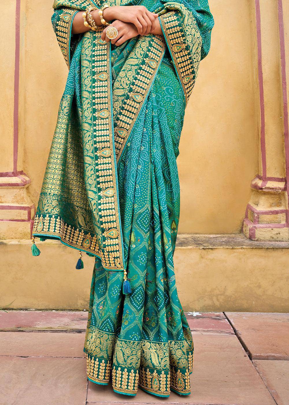 Cerulean Blue Dola Silk Saree with Beautiful Embroidery work: Wedding Edition | Stitched Blouse - qivii