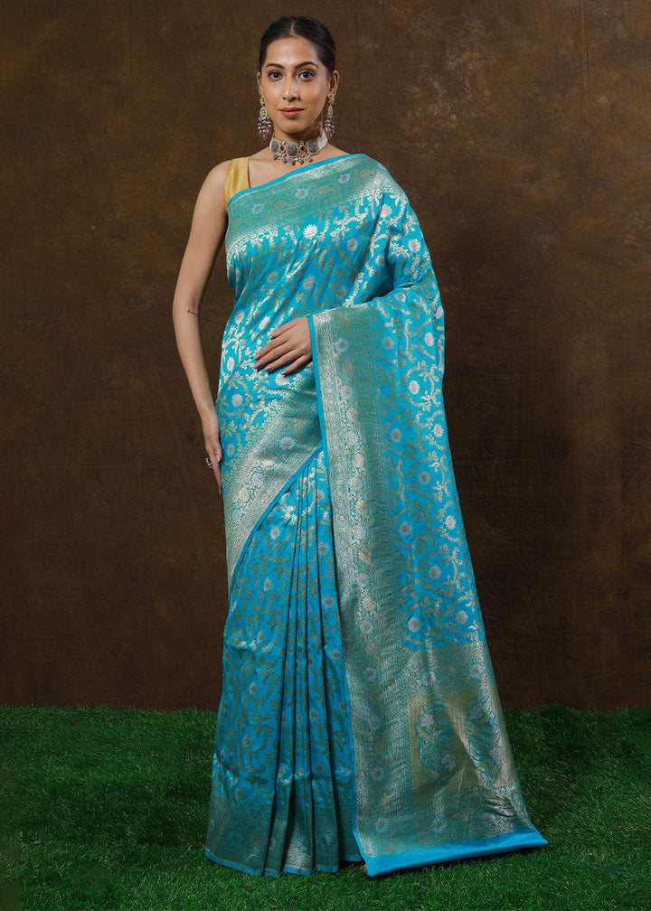 Cerulean Blue Hand Woven Pure Katan Silk Saree | Stitched Blouse - qivii