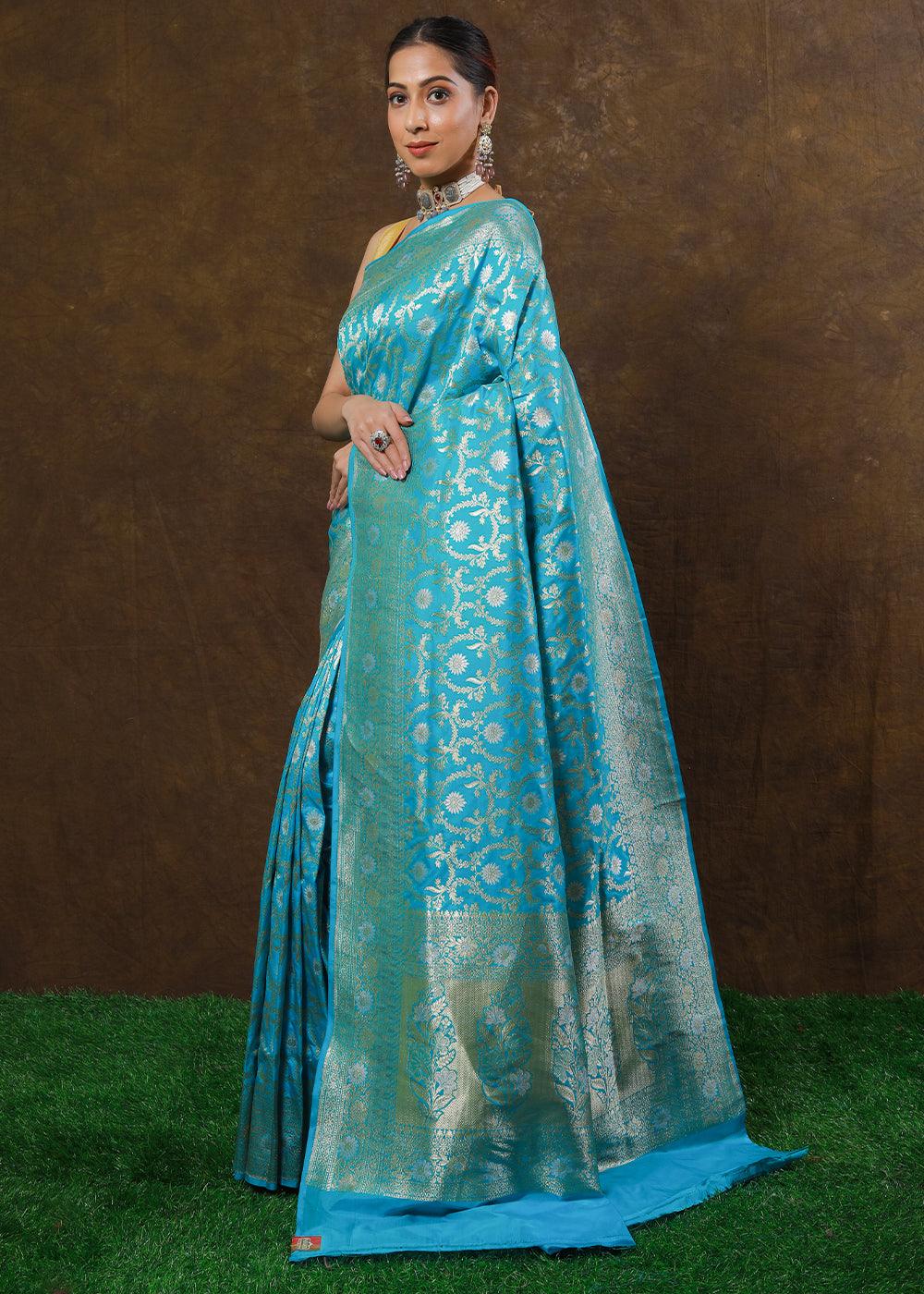 Cerulean Blue Hand Woven Pure Katan Silk Saree | Stitched Blouse - qivii