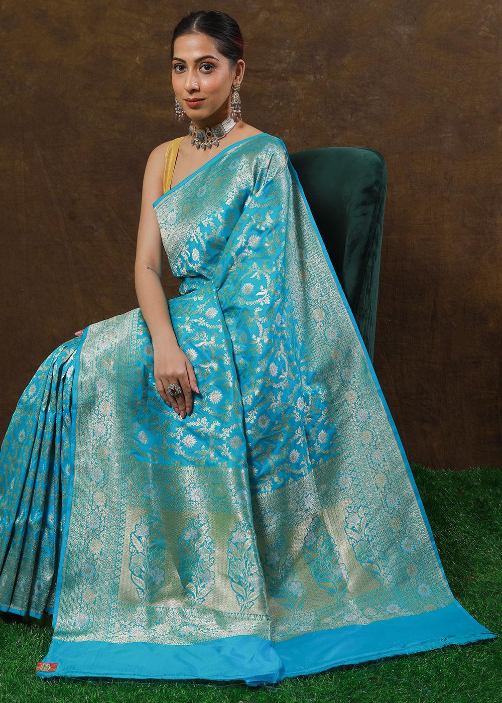 Cerulean Blue Hand Woven Pure Katan Silk Saree | Stitched Blouse - qivii