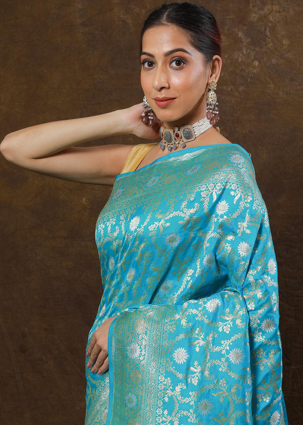 Cerulean Blue Hand Woven Pure Katan Silk Saree | Stitched Blouse - qivii