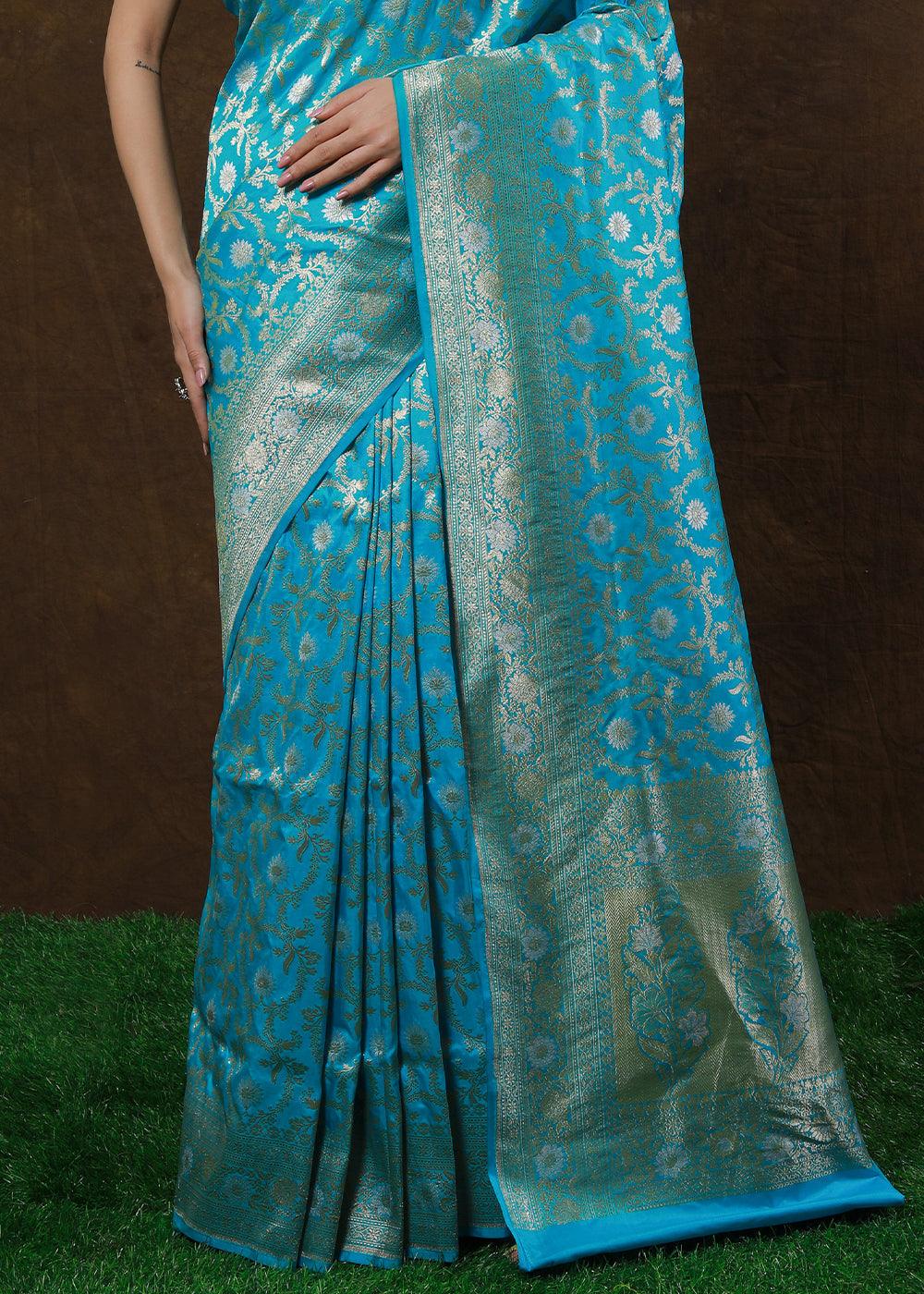 Cerulean Blue Hand Woven Pure Katan Silk Saree | Stitched Blouse - qivii