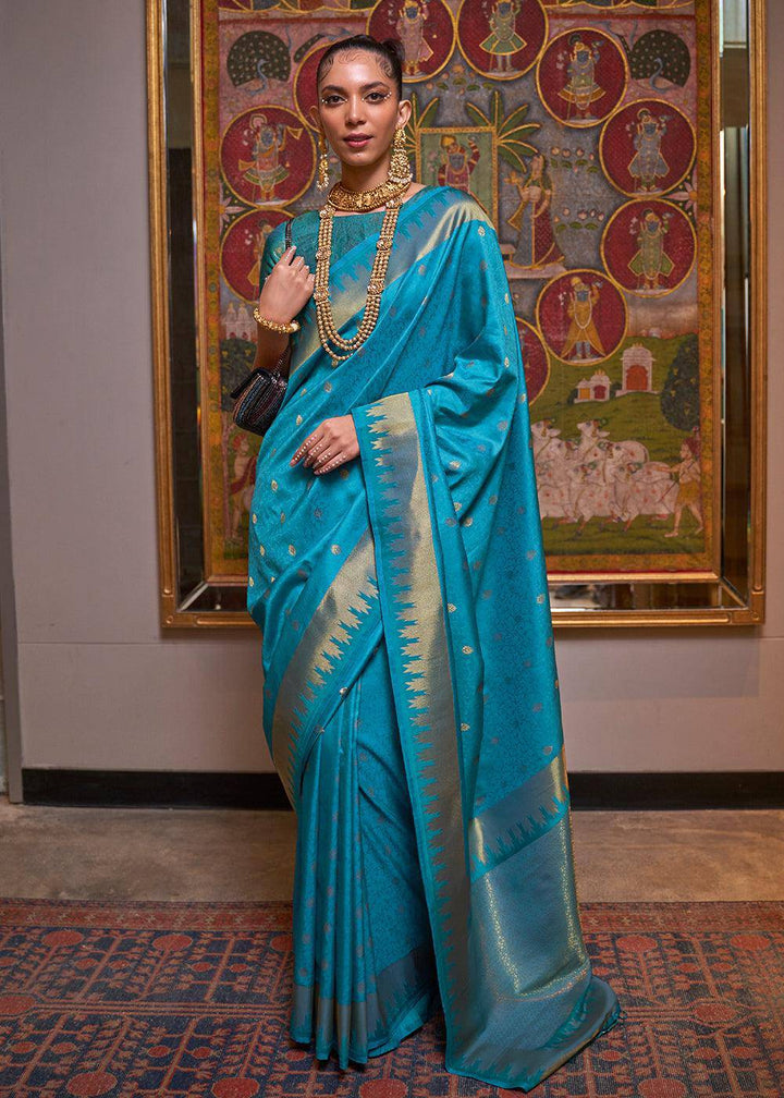 Cerulean Blue Handloom Woven Banarasi Silk Saree | Stitched Blouse - qivii