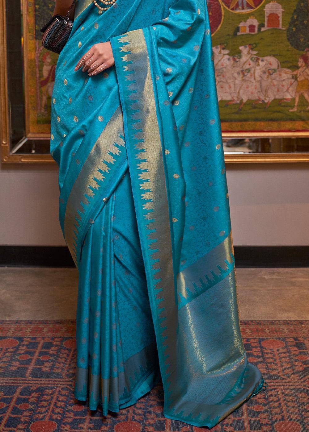 Cerulean Blue Handloom Woven Banarasi Silk Saree | Stitched Blouse - qivii