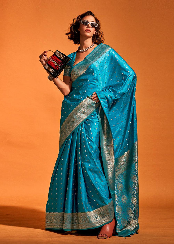 Cerulean Blue Handloom Woven Designer Satin Silk Saree - qivii