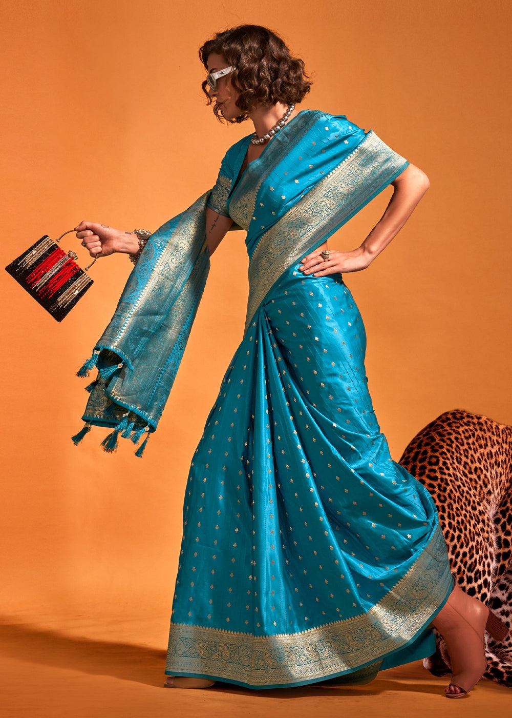 Cerulean Blue Handloom Woven Designer Satin Silk Saree - qivii