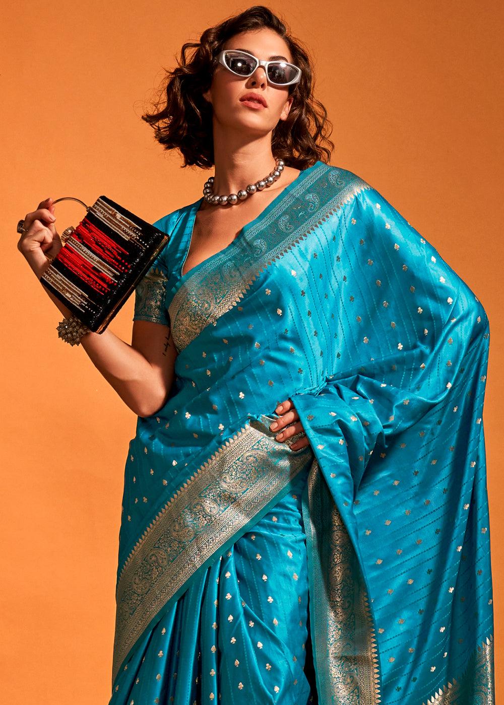 Cerulean Blue Handloom Woven Designer Satin Silk Saree - qivii