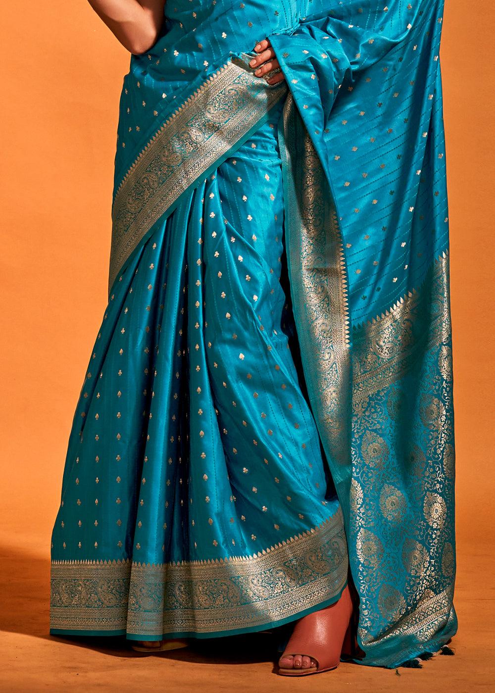 Cerulean Blue Handloom Woven Designer Satin Silk Saree - qivii