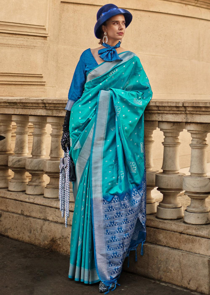 Cerulean Blue Handloom Woven Soft Silk Saree - qivii