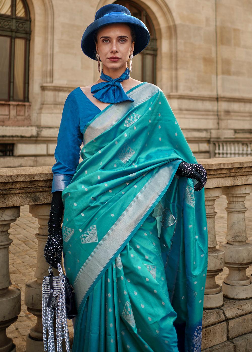 Cerulean Blue Handloom Woven Soft Silk Saree - qivii